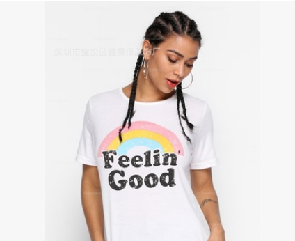 Feelin' Good  White T-Shirt, Rainbow Print