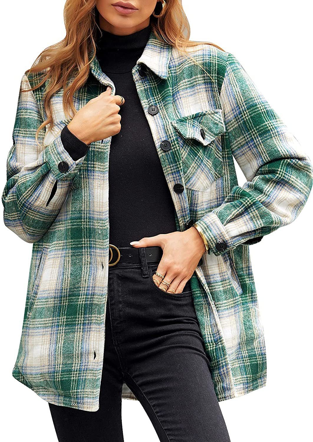 Women's Oversized Check Button Shirt Jacket