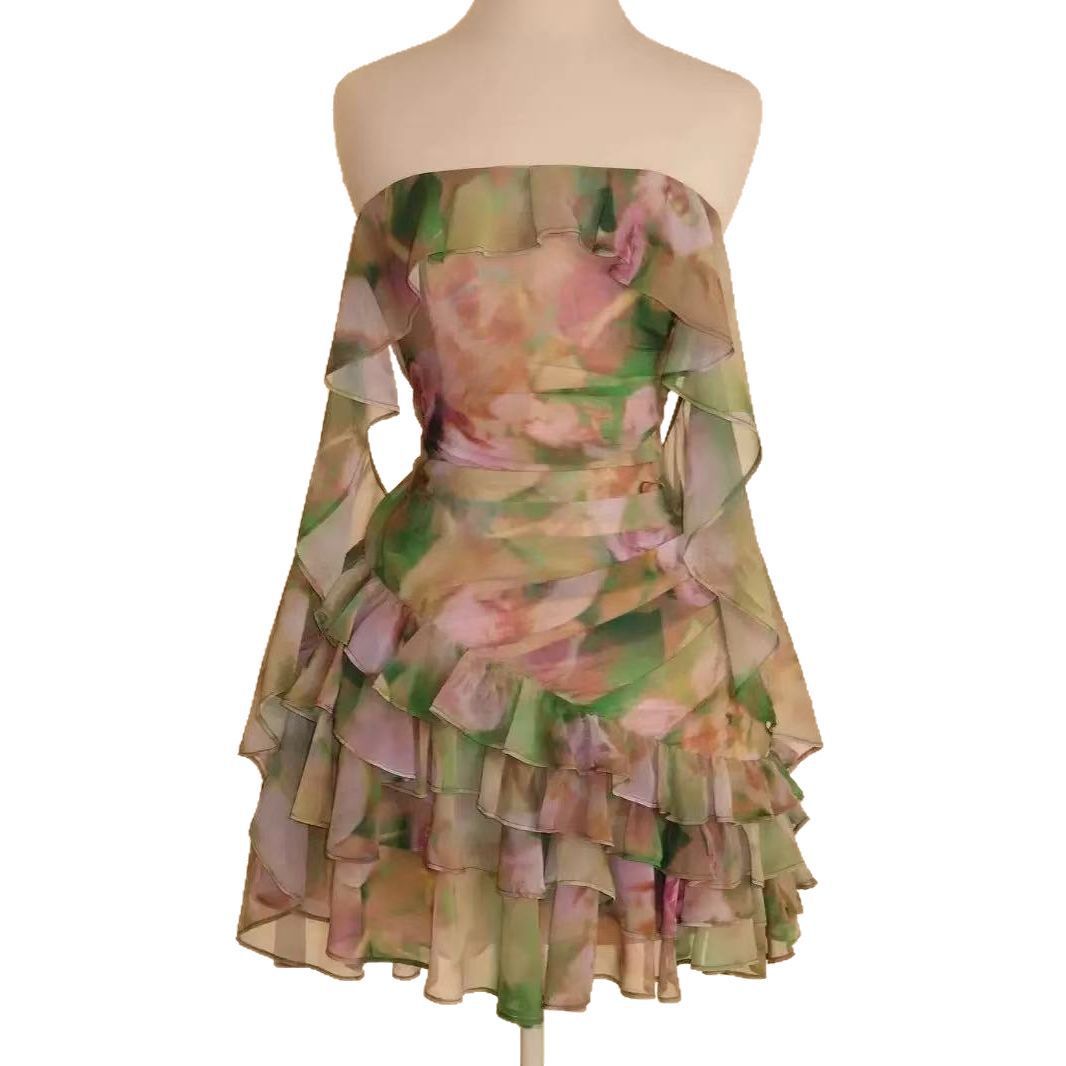 Chiffon Abstract Printed Ruffles Tube Dress