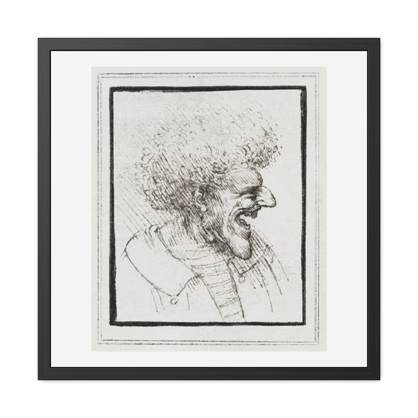 Caricature of a Man with Bushy Hair (circa 1495) by Leonardo da Vinci from the Original, Wooden Framed Print