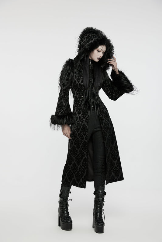 Punk Rave Morrigan Goth Gorgeous Jacquard Hooded Coat in Black