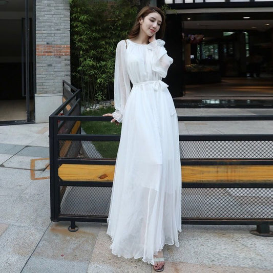 Vireous Flowy Long Sleeve Chiffon Beach Dress