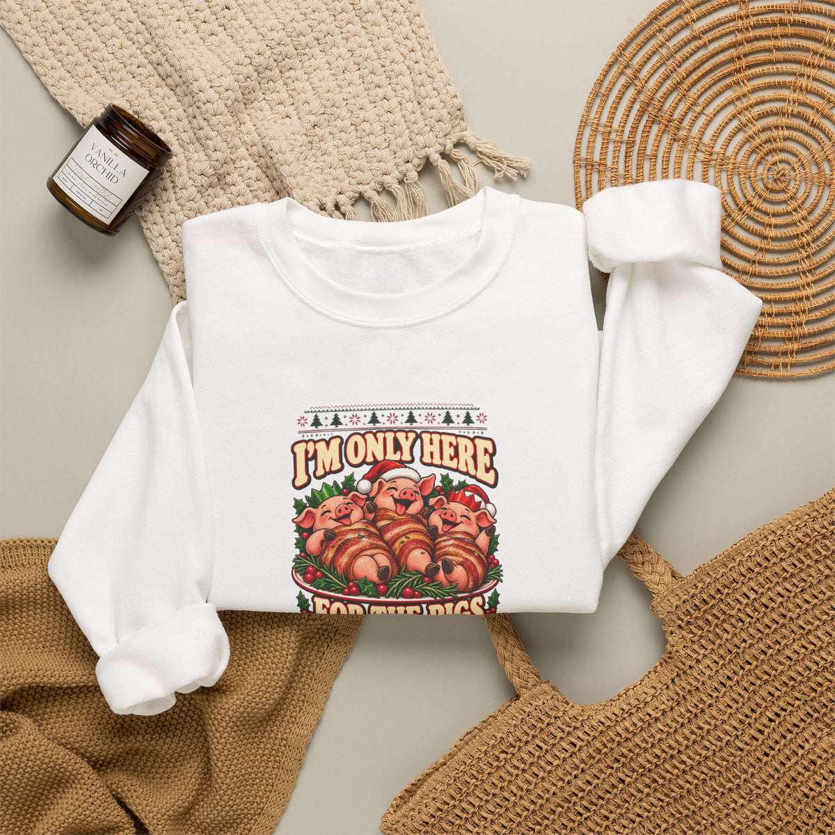 Funny Adult Christmas Jumpers: 'I’m Only Here for the Pigs in Blankets' Christmas Crewneck