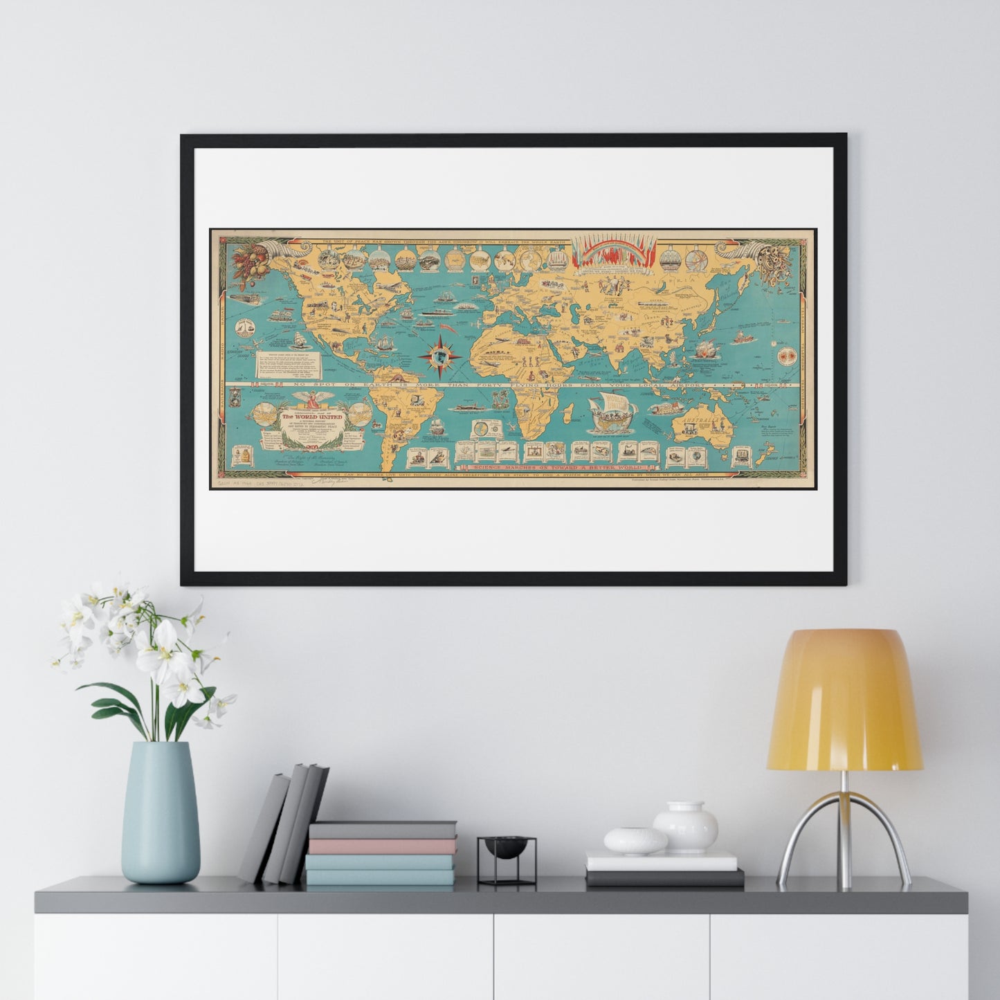 Mercator Map of the World United: A Pictorial History of Transport and Communications and Paths to Permanent Peace (1944), from the Original, Framed Art Print