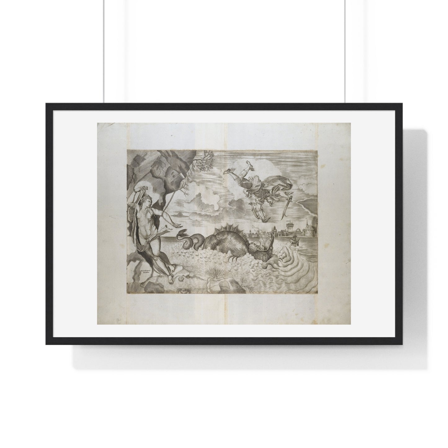 Perseus and Andromeda (1550-1570) by Giulio Sanuto after Titiaan, Albrecht Dürer and Ferando Bertelli, from the Original, Framed Print