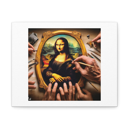 Hands of Michelangelo Working Genius to Paint the Mona Lisa Art Print ' Designed by AI' on Satin Canvas