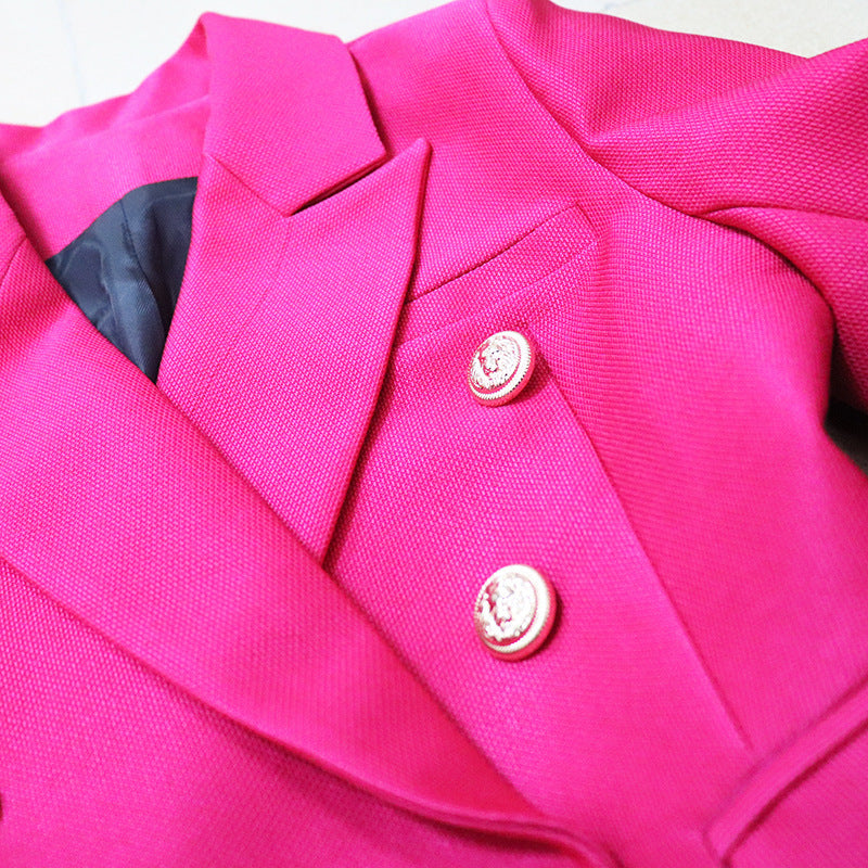 Vireous Rose Red Tailored Women's Double-Breasted Jacket