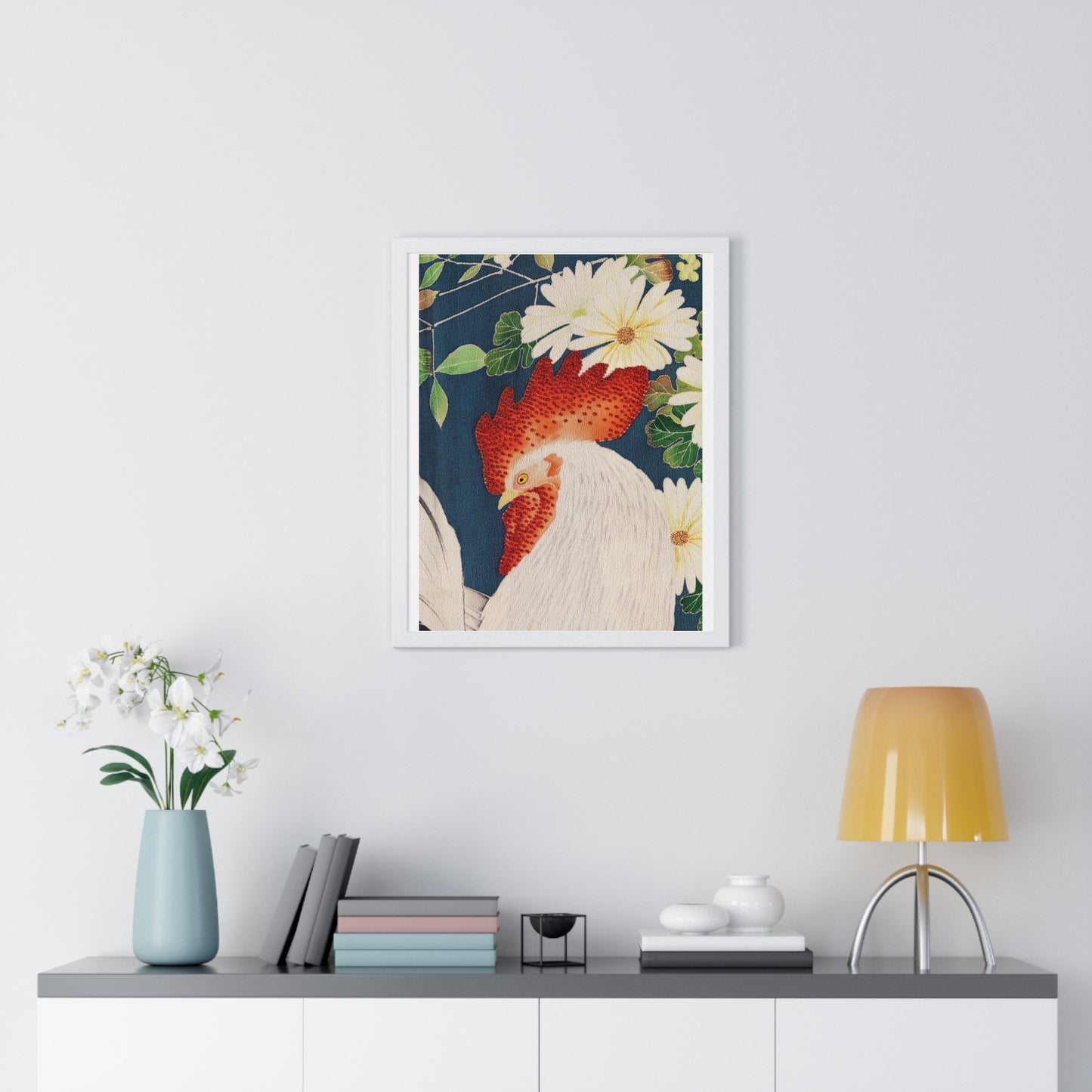 Rooster Pattern on Kimono Fabric, from the Original, Framed Art Print