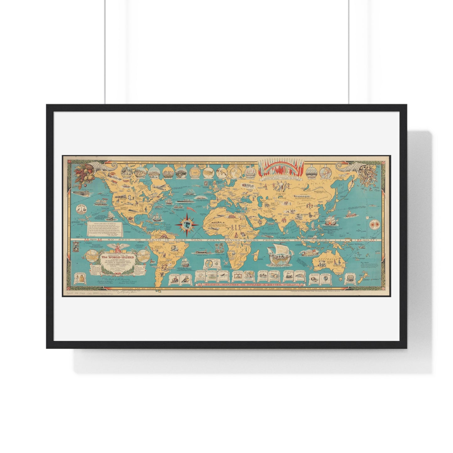 Mercator Map of the World United: A Pictorial History of Transport and Communications and Paths to Permanent Peace (1944), from the Original, Framed Art Print