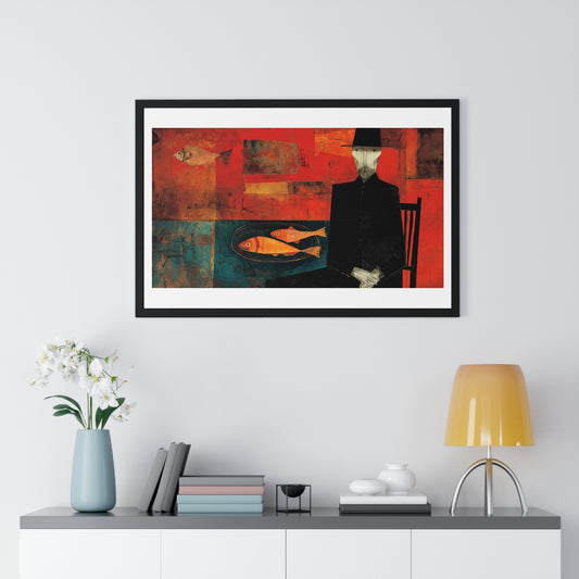 The Man and the Golden Fish in the Style of Modigliani 'Designed by AI' Framed Art Print