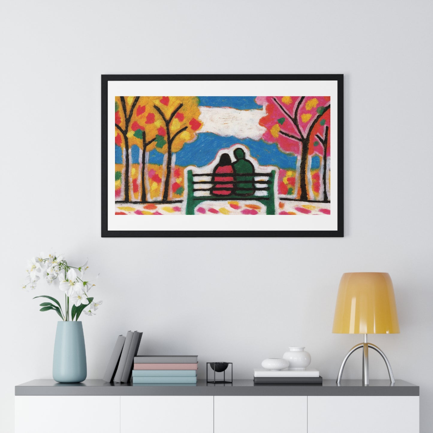 Couple on a Park Bench Fuzzy Felt Art 'Designed by AI' Framed Print