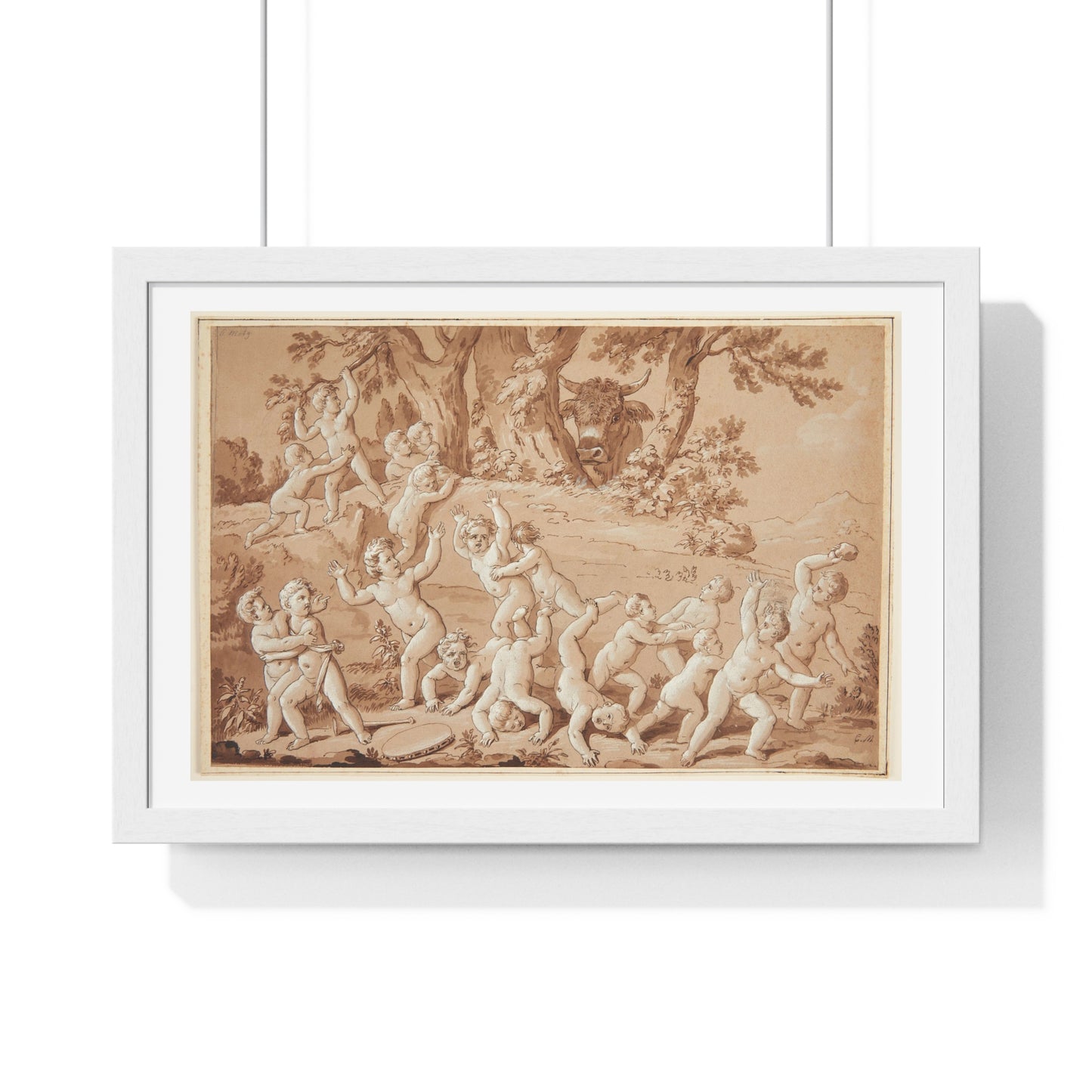 Putti Flees from a Bull, by Conrad Martin Metz, from the Original, Framed Art Print