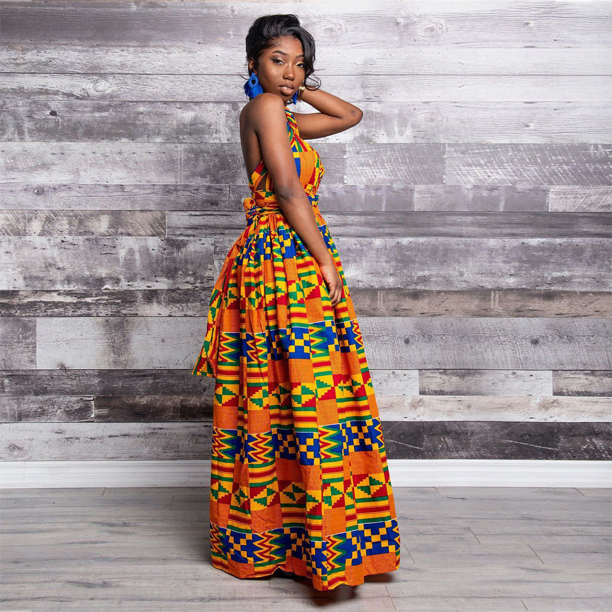 African and Geometric Print Maxi Dress