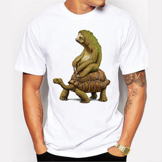 Sloth Riding Turtle, Funny Print T-Shirt