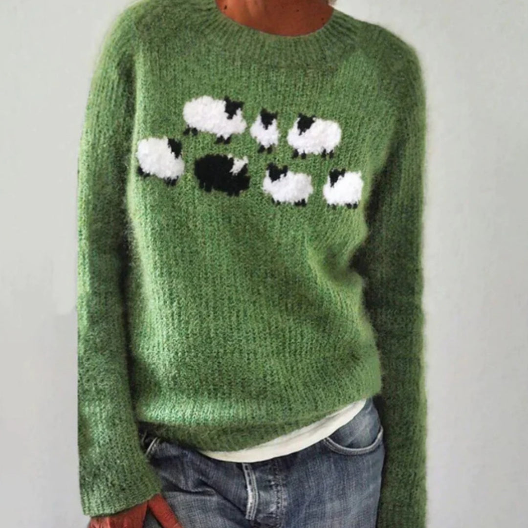 Vireous Women's 'Little Sheep' Round Neck Green Sweater