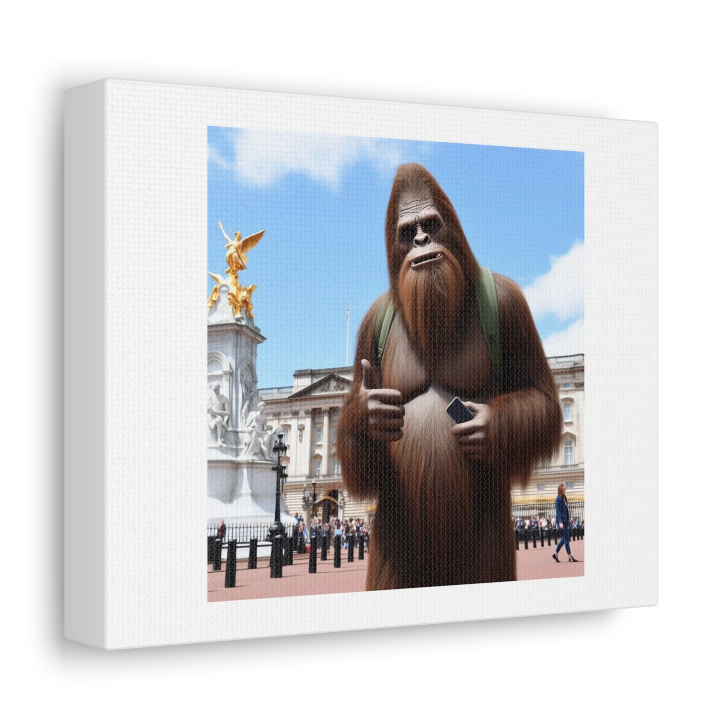 Bigfoot On Tour in London Photorealism Art Print ' Designed by AI' on Satin Canvas