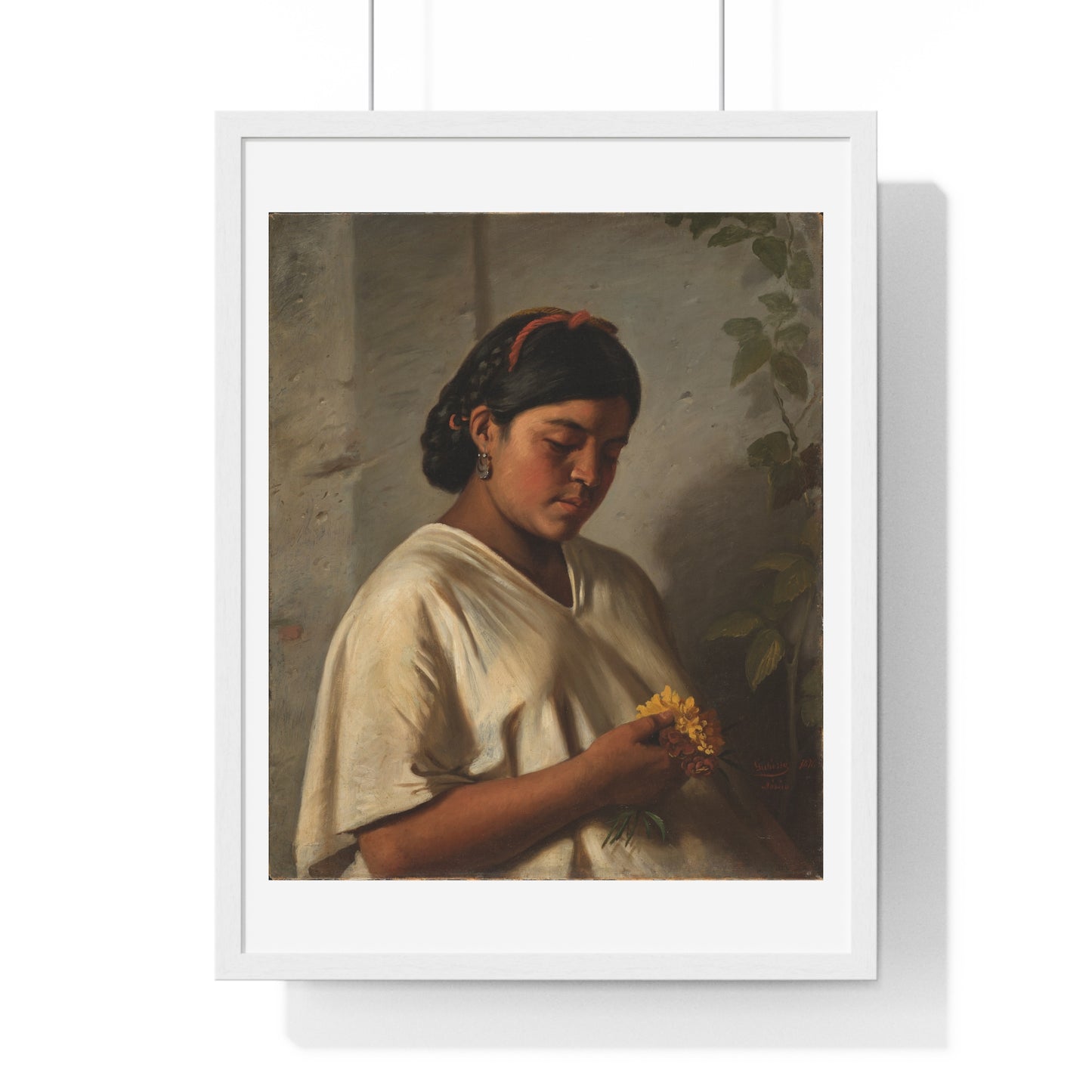 Indian Woman with Marigold 'Mujer Indígena con Cempasúchil' by Felipe Santiago Gutiérrez, from the Original, Framed Print