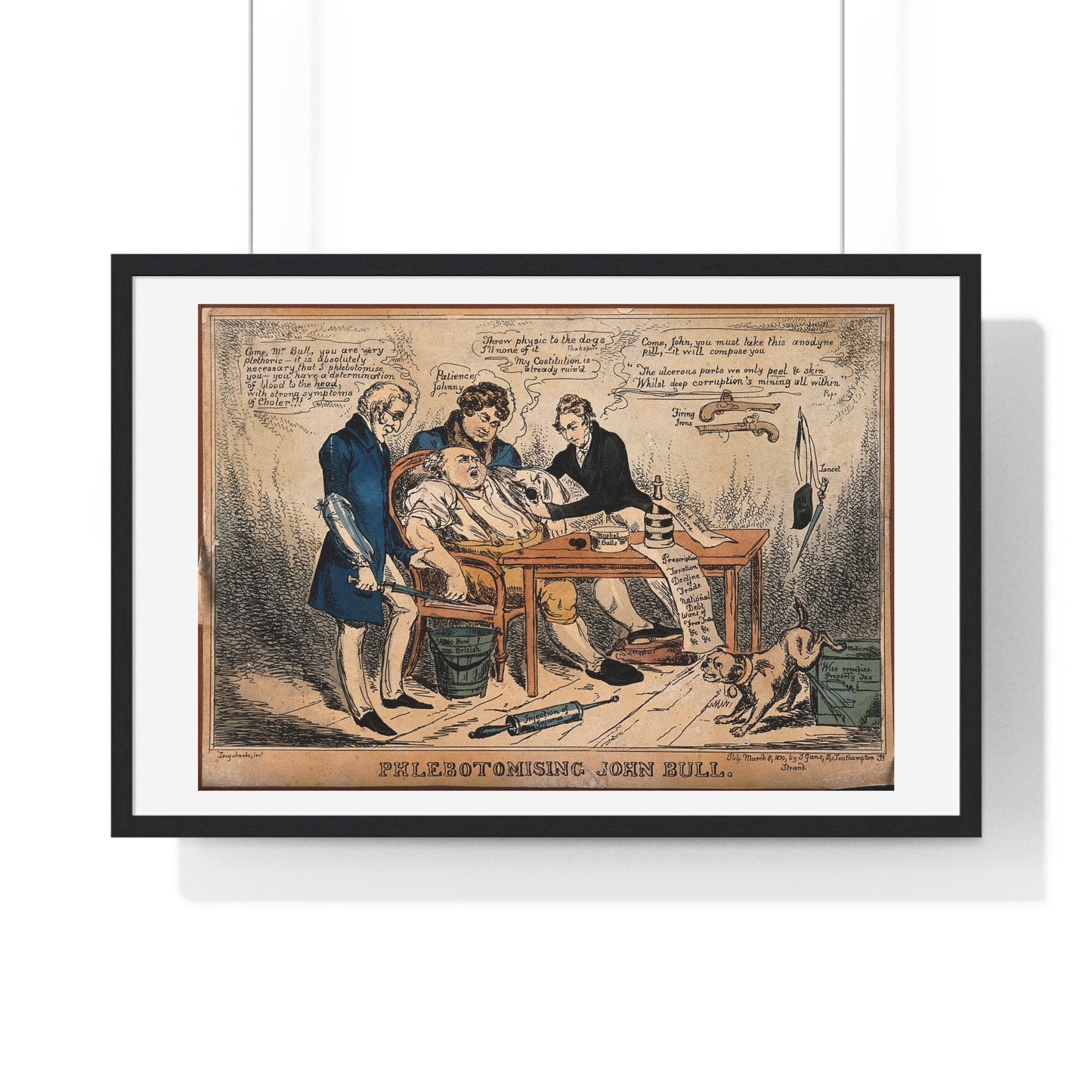 John Bull About to be Bled by Three Doctors, Representing Britain's Budget Manipulated by the Cabinet (1830) by John Phillips, from the Original, Framed Print