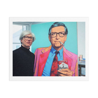 Andy Warhol at the Exhibition of his Iconic Bill Gates Marlboro Advertisement Series, Art Print 'Designed by AI' on Canvas