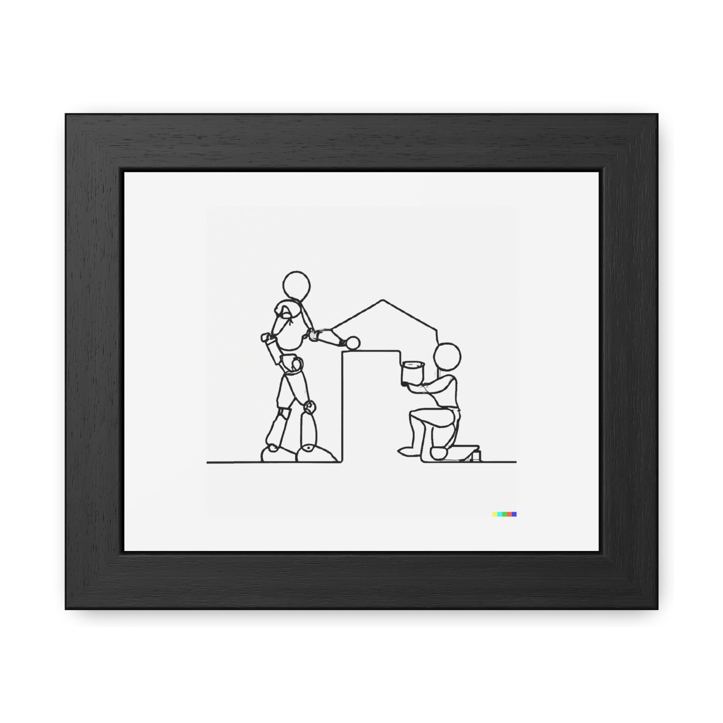 Human And Robot Working Together Line Art 'Designed by AI' Wooden Framed Print