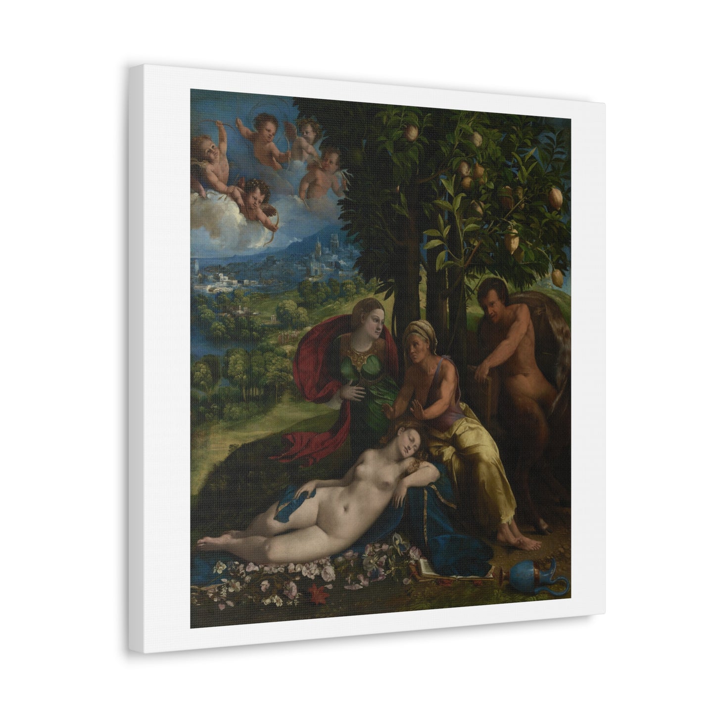 Mythological Scene (1524) by Dosso Dossi (Giovanni di Niccolò de Lutero) from the Original, Print on Canvas