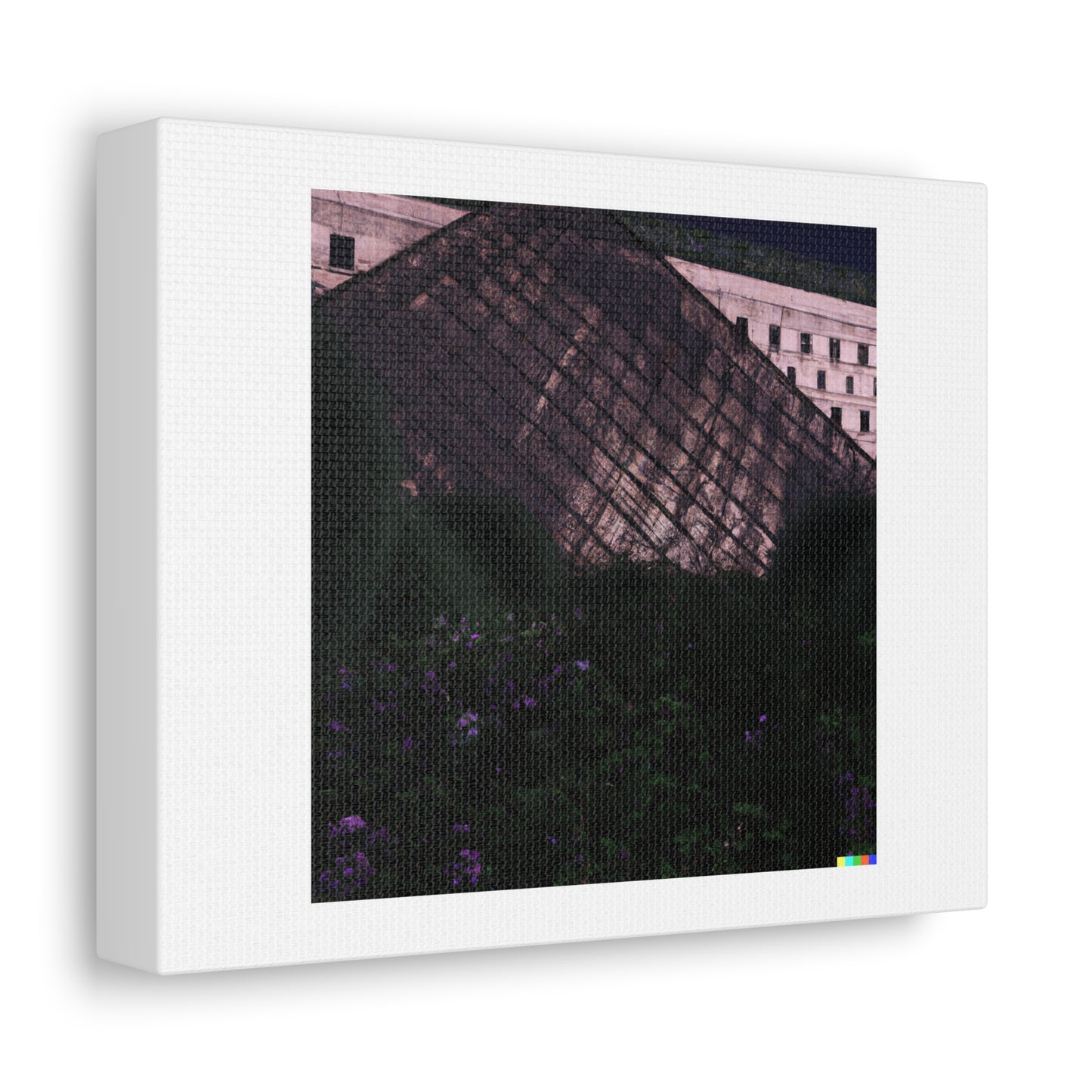 Photorealistic Render of The Louvre Pyramid Covered in Overgrown Vines, Evening Light 'Designed by AI' on Canvas