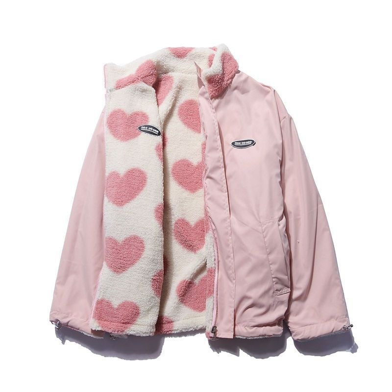 Heart Print Fleece-Lined Warm Reversible Cotton-Padded Women's Jacket