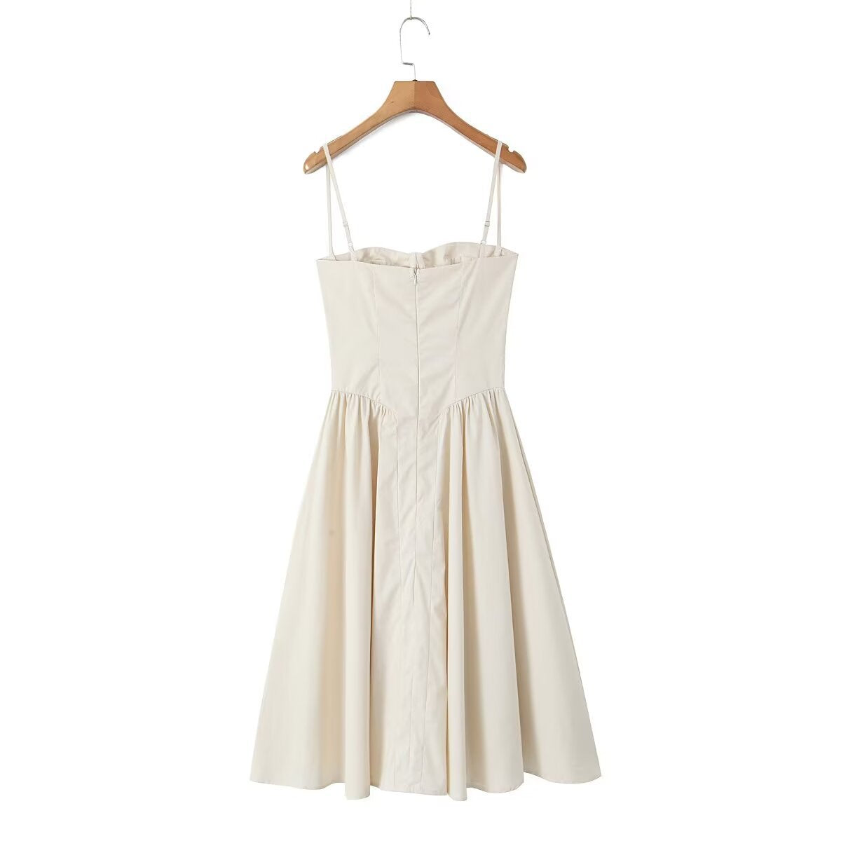 Vireous Ivory Square-Neck Steel Ring Bodice Fitted-Waist Pleated Dress