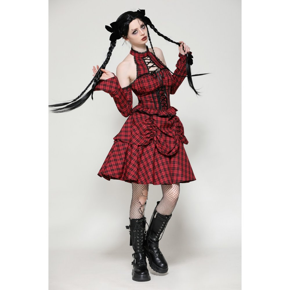 Dark in Love Rosalind Black and Red Tartan Cold Shoulder Halter Neck Dress