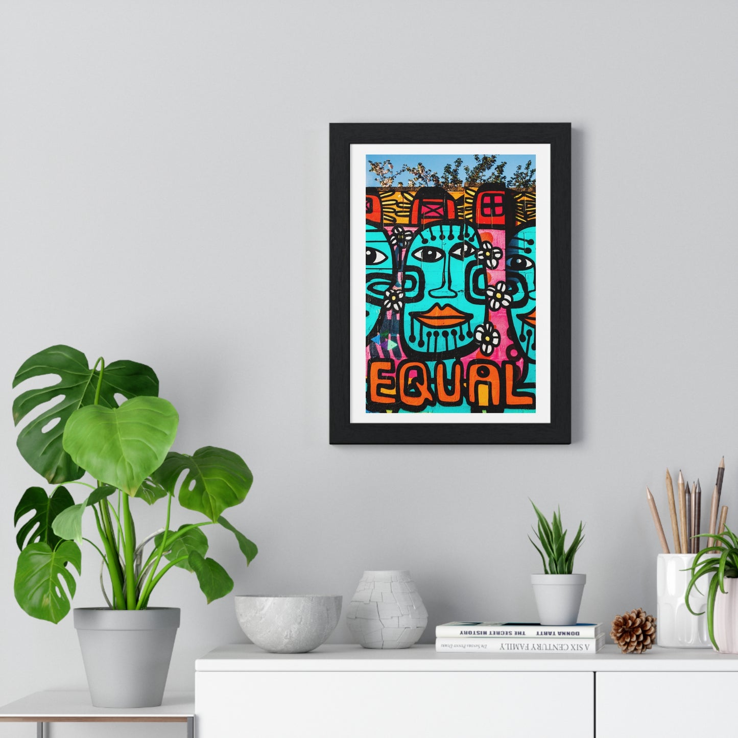 Brightly Coloured Urban Graffiti Mural Artwork, Tribal Faces (2017) Location Unknown, Framed Art Print