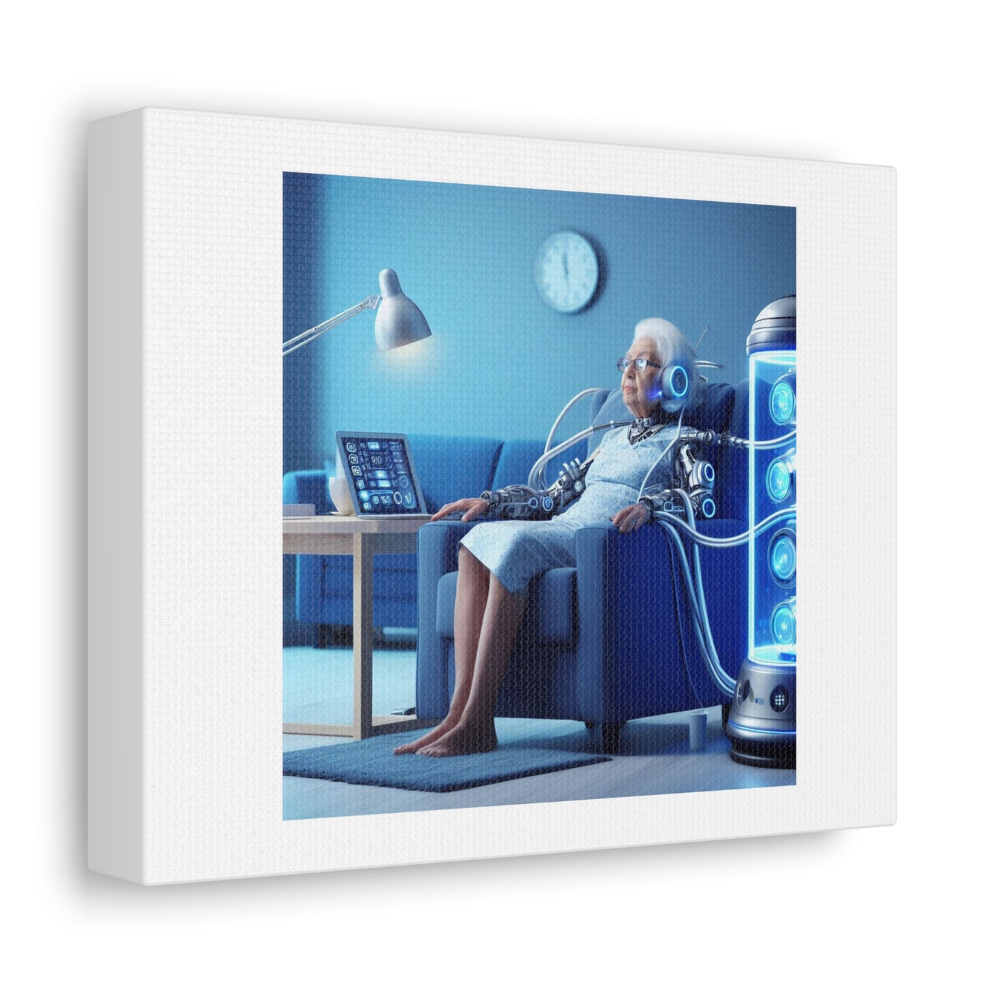 Art Print '2000 Year Old Grandma Connected to a Cyborg Machine' Designed by AI on Satin Canvas