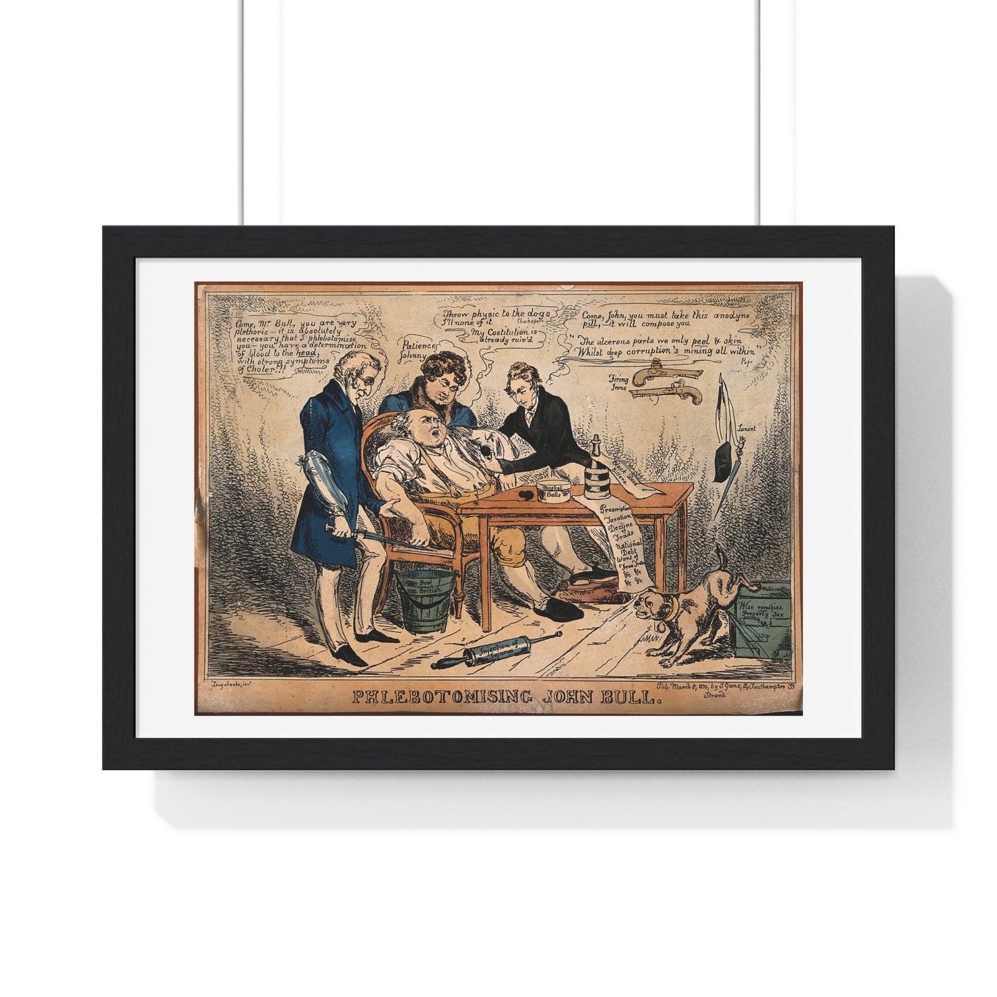 John Bull About to be Bled by Three Doctors, Representing Britain's Budget Manipulated by the Cabinet (1830) by John Phillips, from the Original, Framed Print