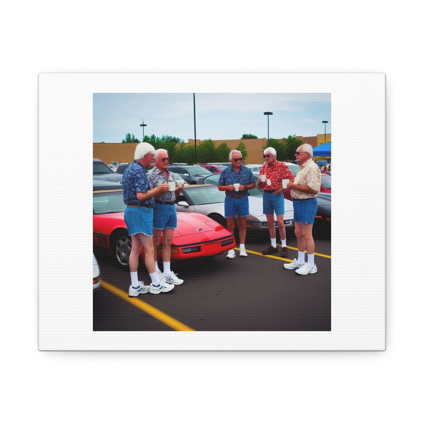 Typical Group of Prior Model Year Corvette Owners at Walmart On a Weekend 'Designed by AI' Art Print on Canvas