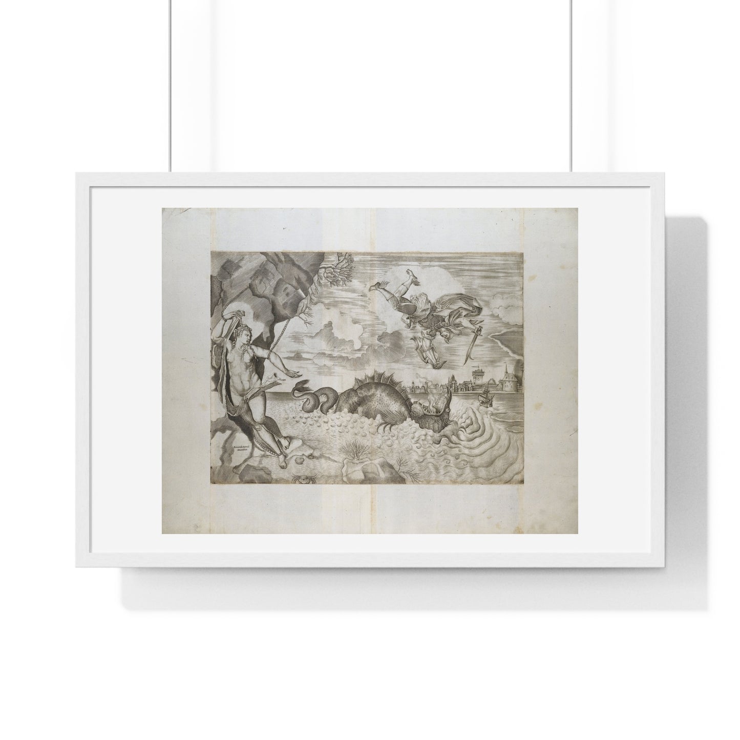 Perseus and Andromeda (1550-1570) by Giulio Sanuto after Titiaan, Albrecht Dürer and Ferando Bertelli, from the Original, Framed Print