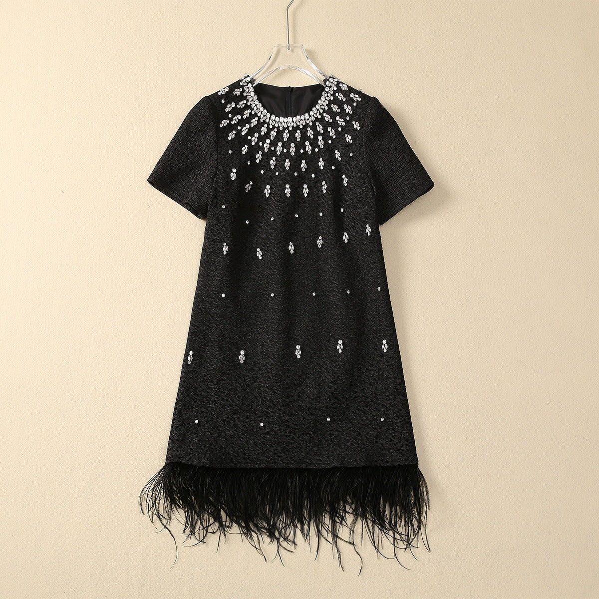 Handmade Glittering Rhinestone Feather Trimmed, Loose Waist Dress