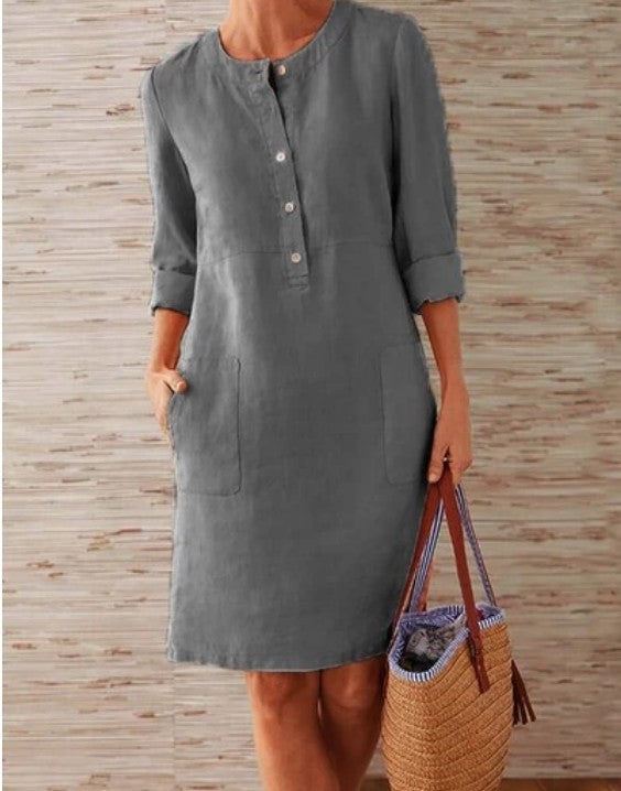 British-Style Round Collar Thick Cotton Dress, Long Sleeves