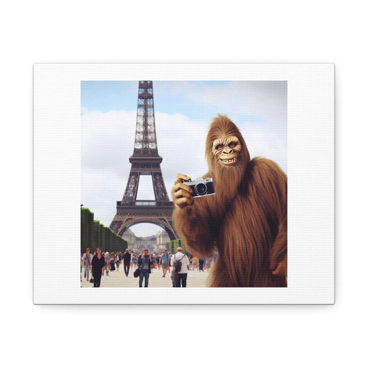 Bigfoot On Tour in Paris Photorealism Art Print ' Designed by AI' on Satin Canvas