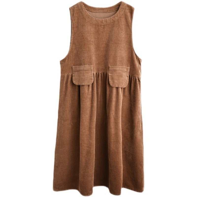 Corduroy Midi Dress, Artistic Plus-Size Sleeveless Vest Dress