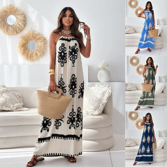 Vireous Fashion Printed Women's Bohemian Long Slip Dress, Spring and Summer Collection