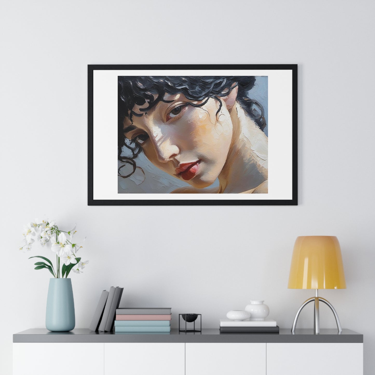 Female Portrait, Vibrant Multi-Coloured Palette Knife Painting 'Designed by AI' Framed Art Print