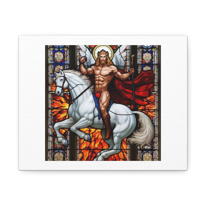 Stained Glass Window of Jesus Christ Arriving From Heaven Riding a White Horse 'Designed by AI' Art Print on Canvas