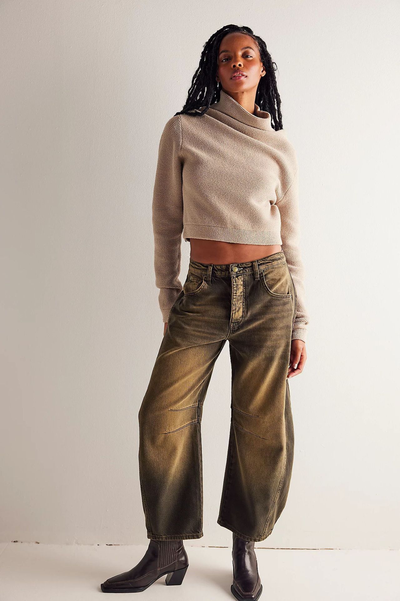 High-Stretch Mid-Rise Barrel Jeans, Fashion Wide Leg Women's Jeans