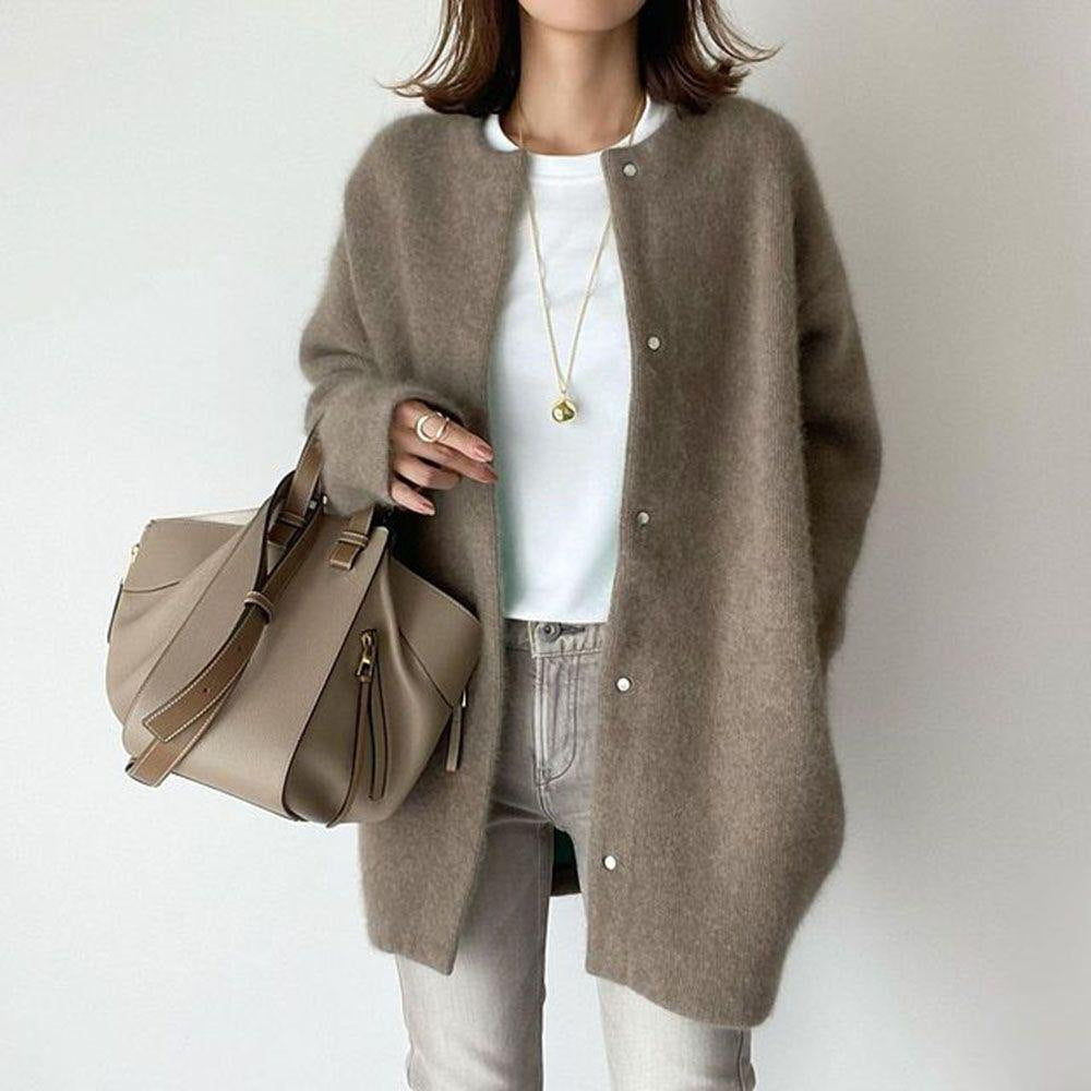 Loose-Fit Round Neck Single Breasted Women's Cardigan Coat