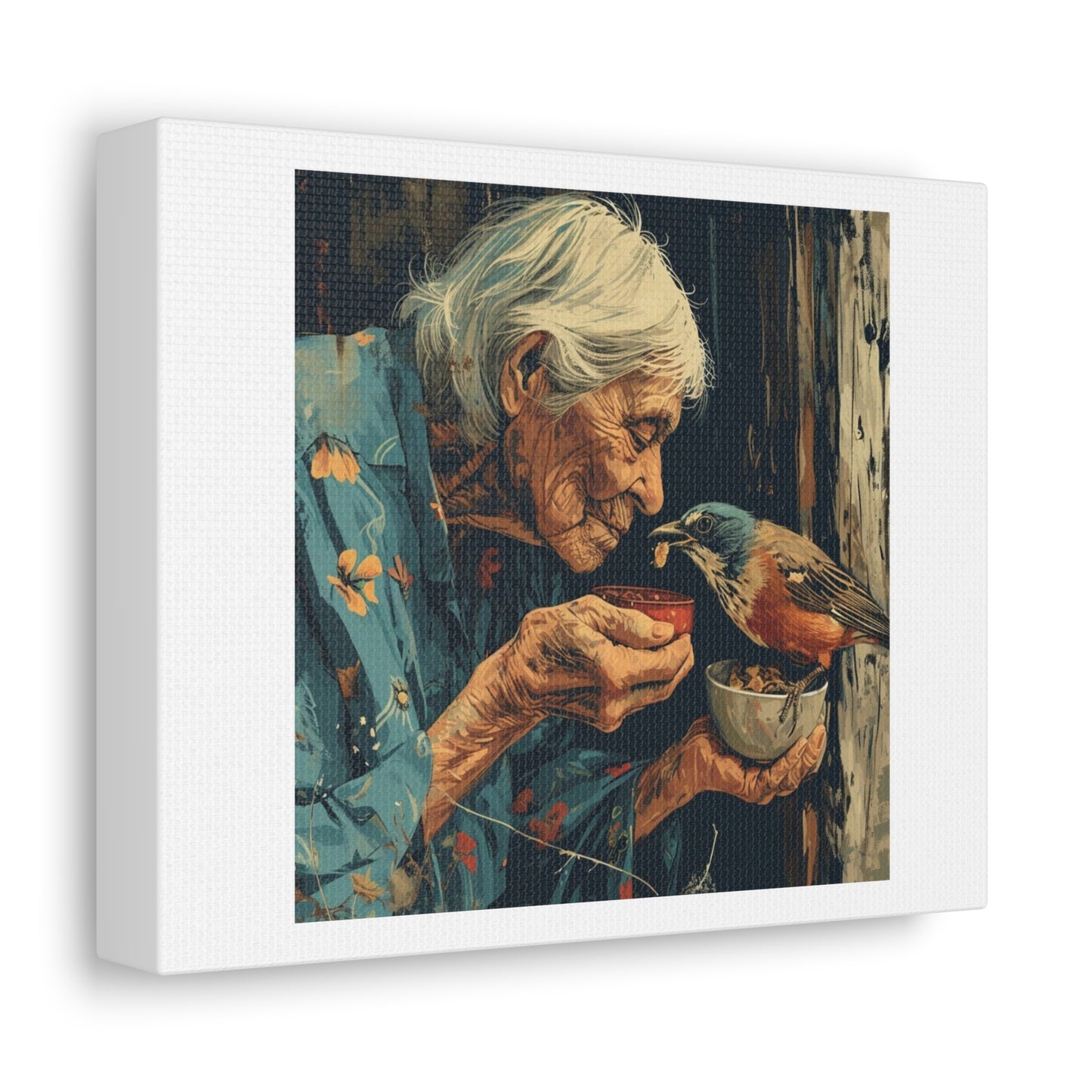 Old Woman and Eastern Bluebird Acrylic Art Print 'Designed by AI' on Satin Canvas