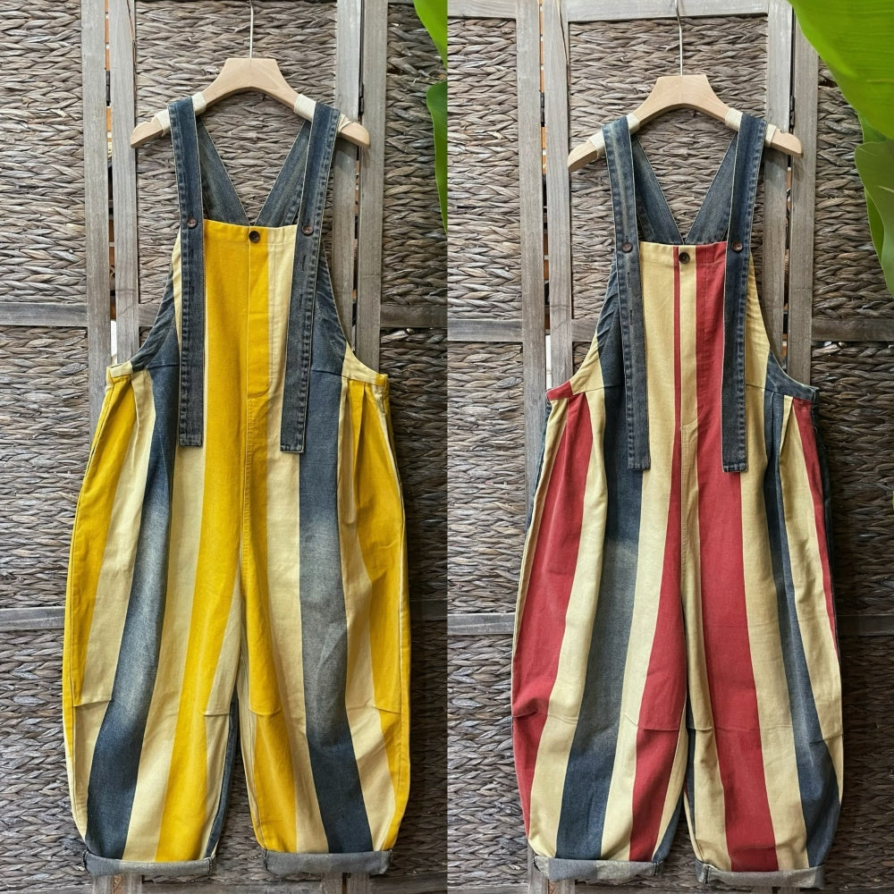 Vintage Stripe Suspender Pants, Women's Loose Cotton Denim Jumpsuit