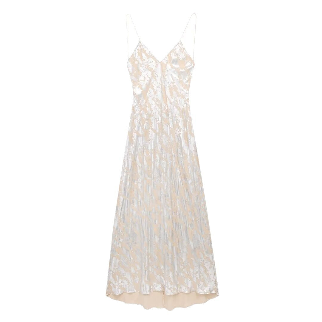 Vireous Shimmering Foil-Printed Sheer Embellished Evening Dress