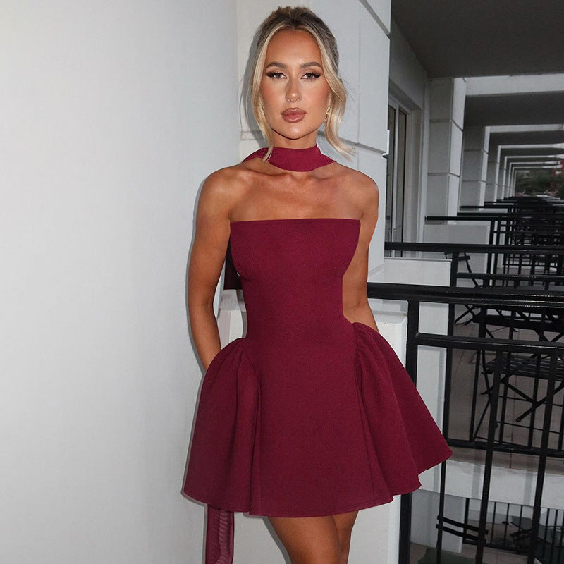 Vireous Tube Top Bandeau Mini Dress with Back Zipper, Party Dress
