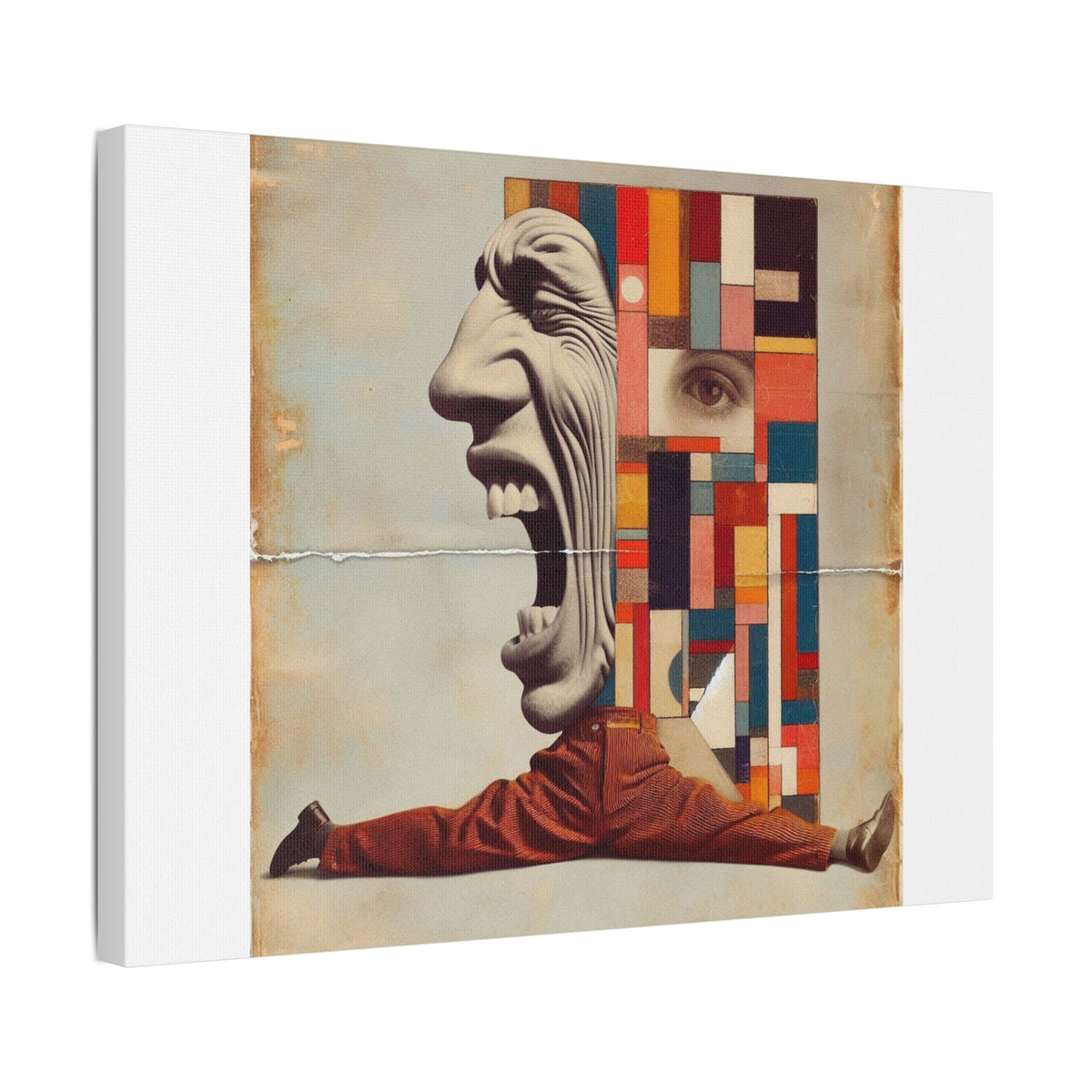 Stretched Canvas Wall Art: Surreal Geometric Face and Acrobat Collage