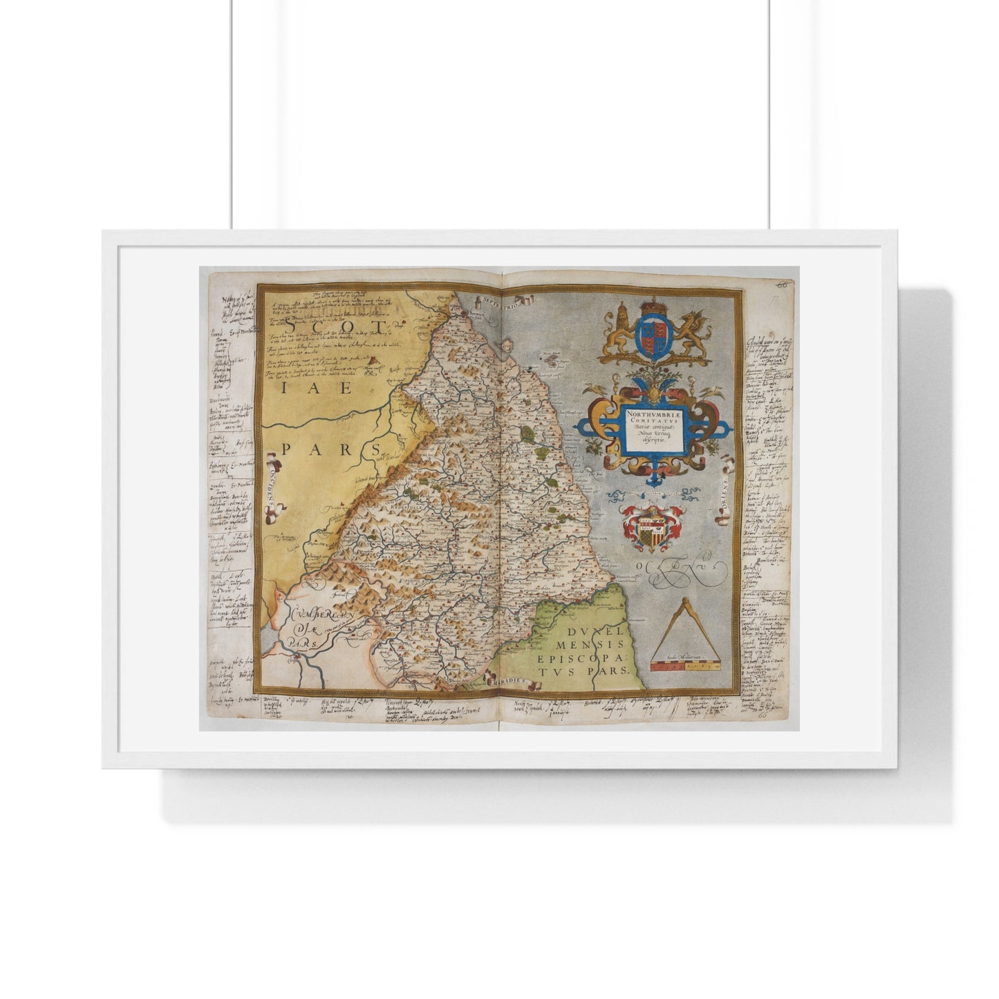 Tudor Antique Map of Northumberland from Lord Burghley's Atlas (1579) from the Original, Framed Print