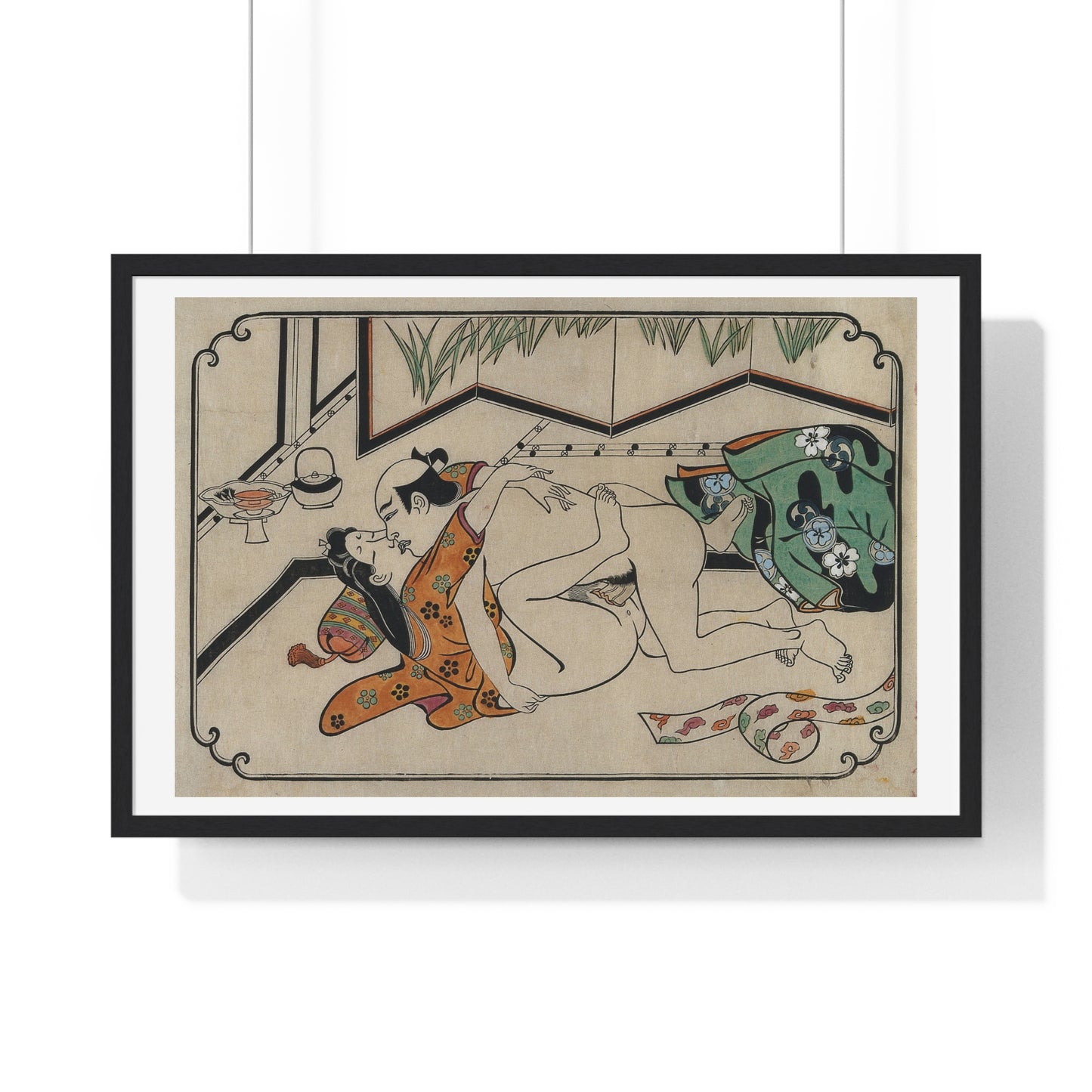 Middle-Aged Couple Making Love, Coloured Reproduction of a Woodcut by Moronobu (1680s) Framed Art Print